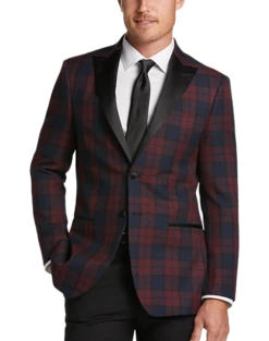 Men Clothing Store 25 After Hours Slim Fit Satin Peak Lapel Dinner Jacket, Red Tartan Plaid